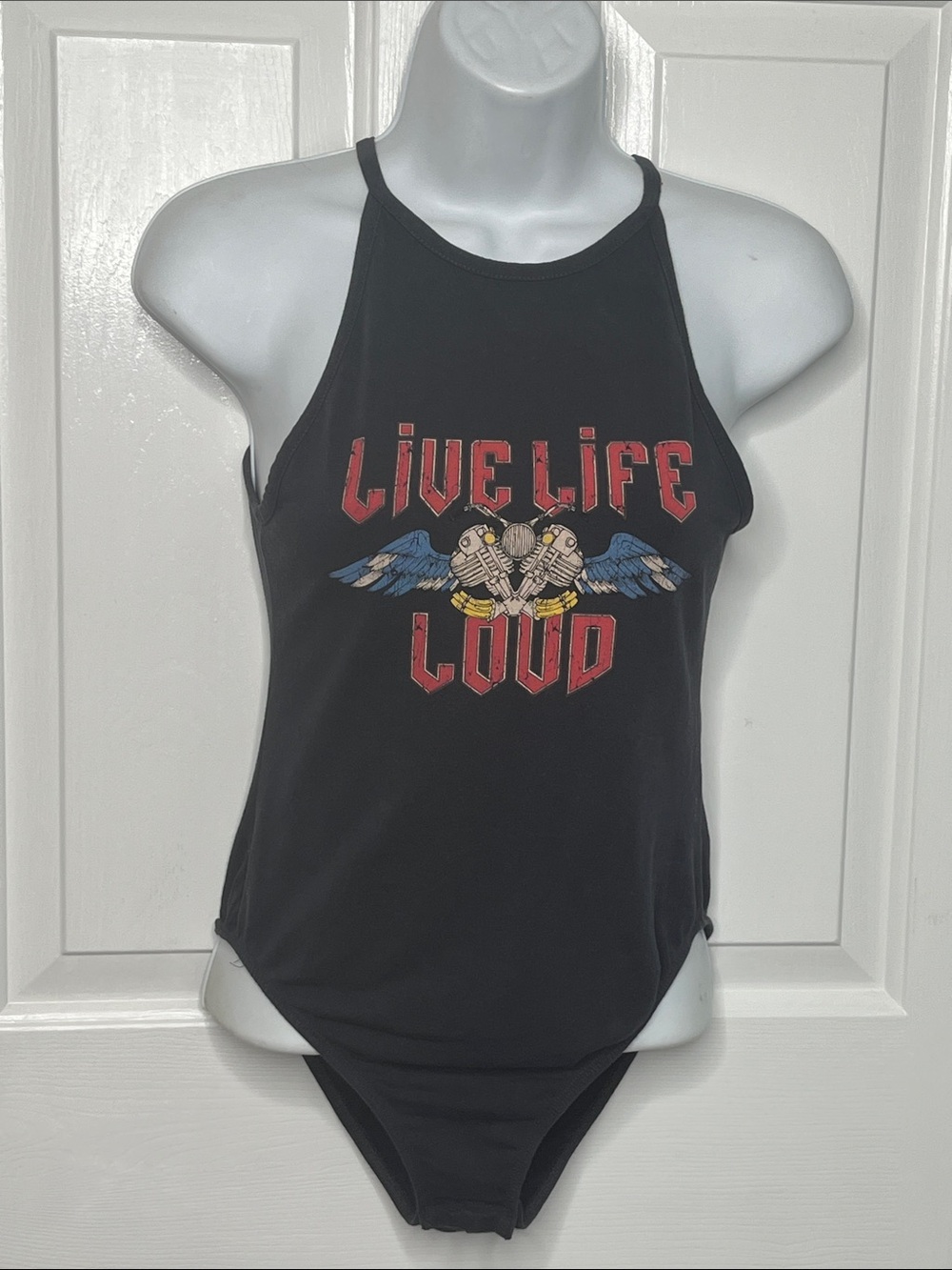 H&M Black Bodysuit Motorcycle Graphic Cut Out Back Size Small